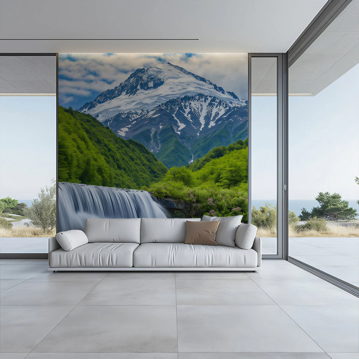 Alpine Waterfall and Mountain Peak Mural Wallpaper - pure wallpaper artwork