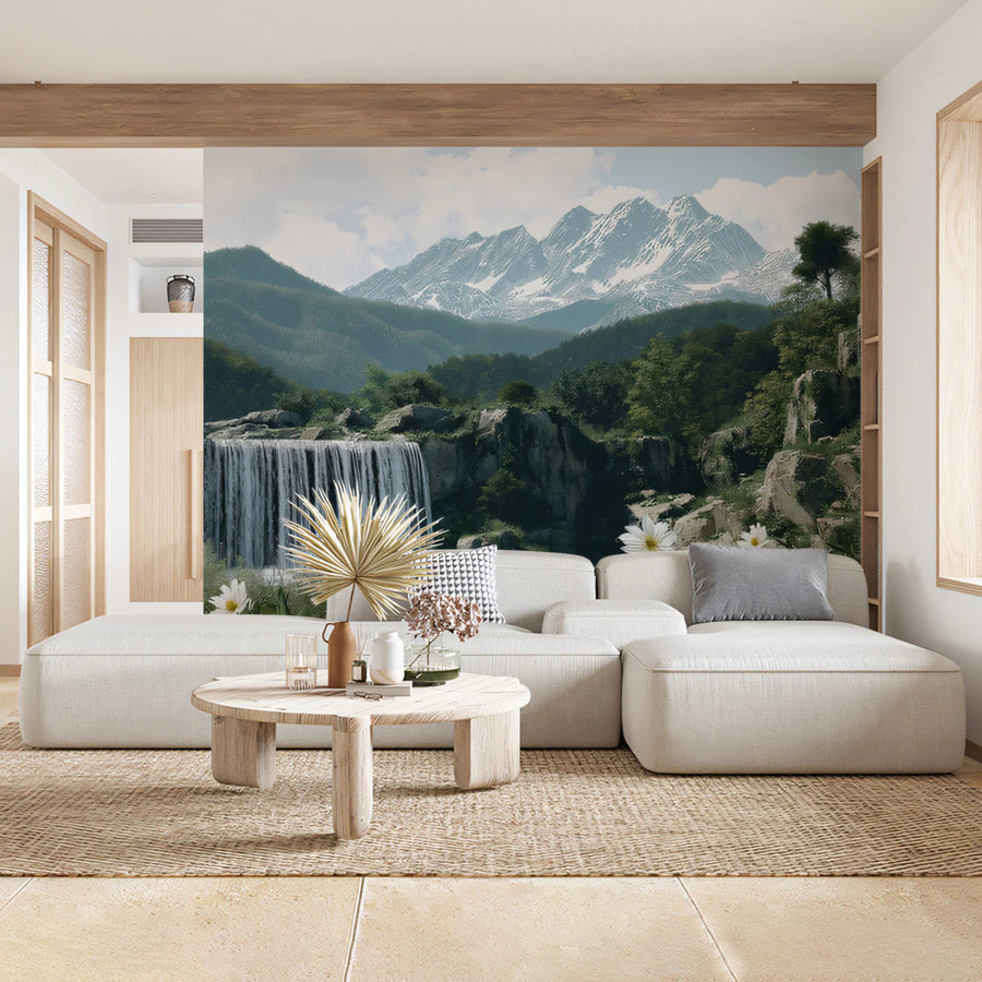Mountain Waterfall Landscape Mural Wallpaper —Realistic Nature Mural Wallpaper