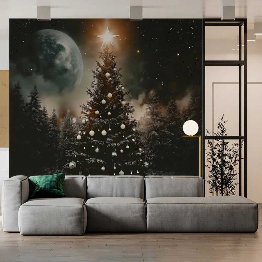 Moonlit Christmas Tree Mural Wallpaper — Festive Midnight Scene Mural Wallpaper