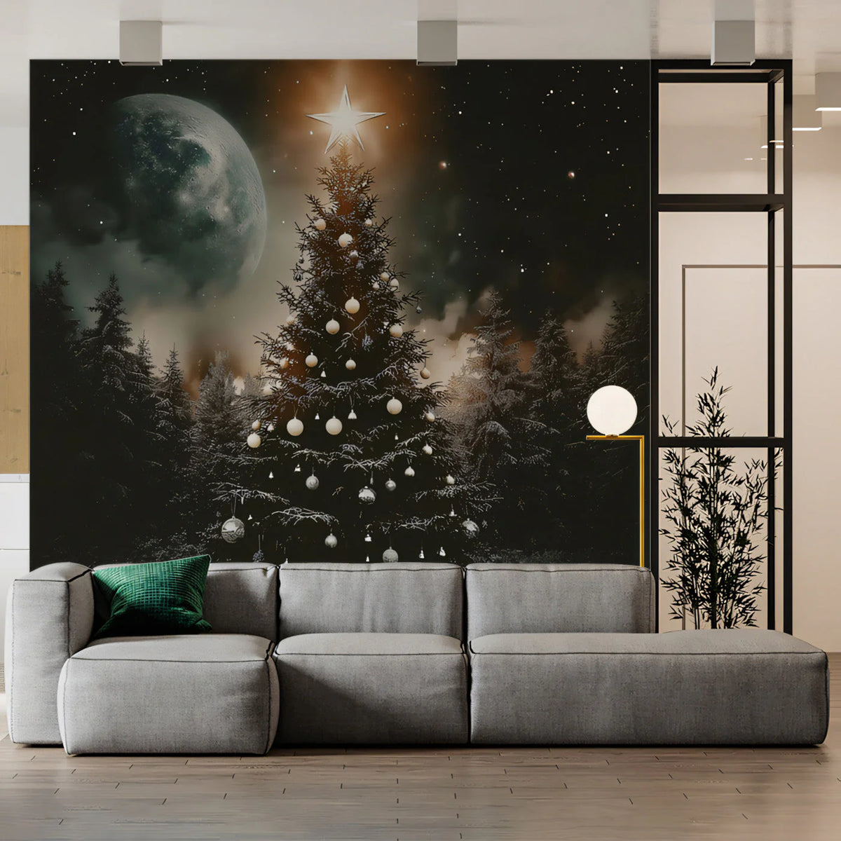 Moonlit Christmas Tree Mural Wallpaper — Festive Midnight Scene Mural Wallpaper - pure wallpaper artwork