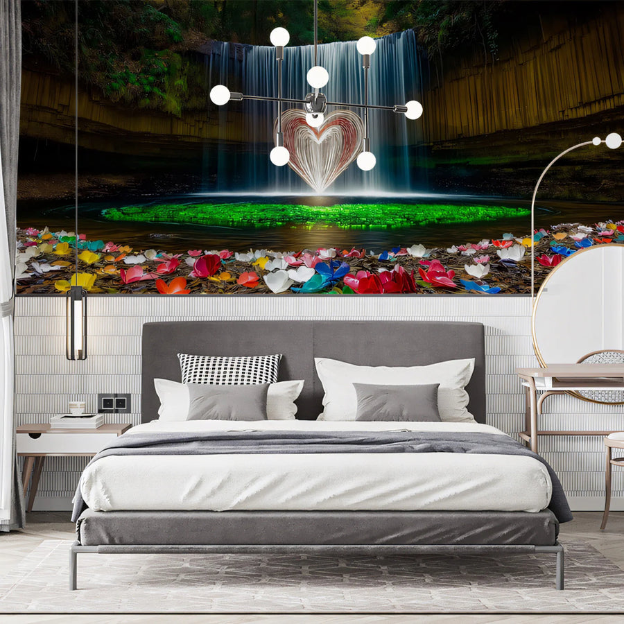 Glowing Heart Waterfall Mural Wallpaper — Fantasy Nature Scene Mural Wallpaper