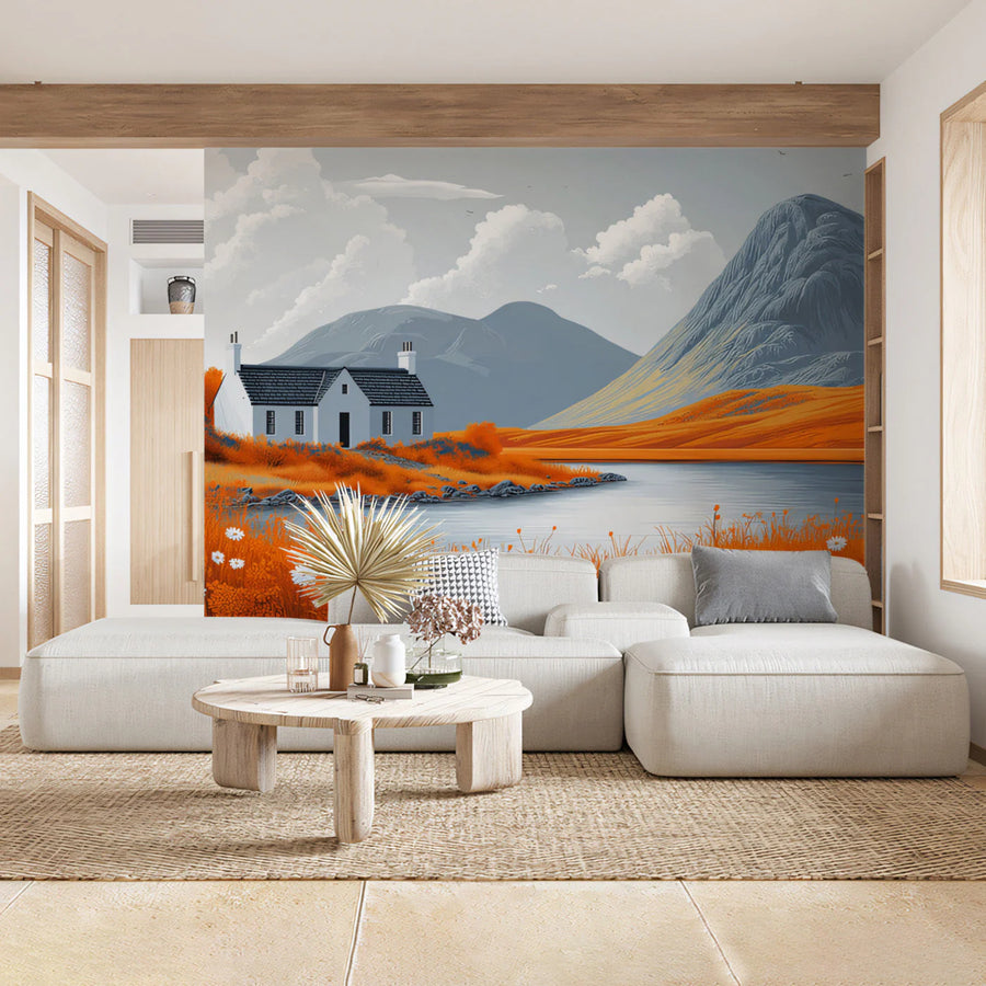 Autumn Highlands Cottage Mural Wallpaper — Rustic Lake Landscape Mural Wallpaper