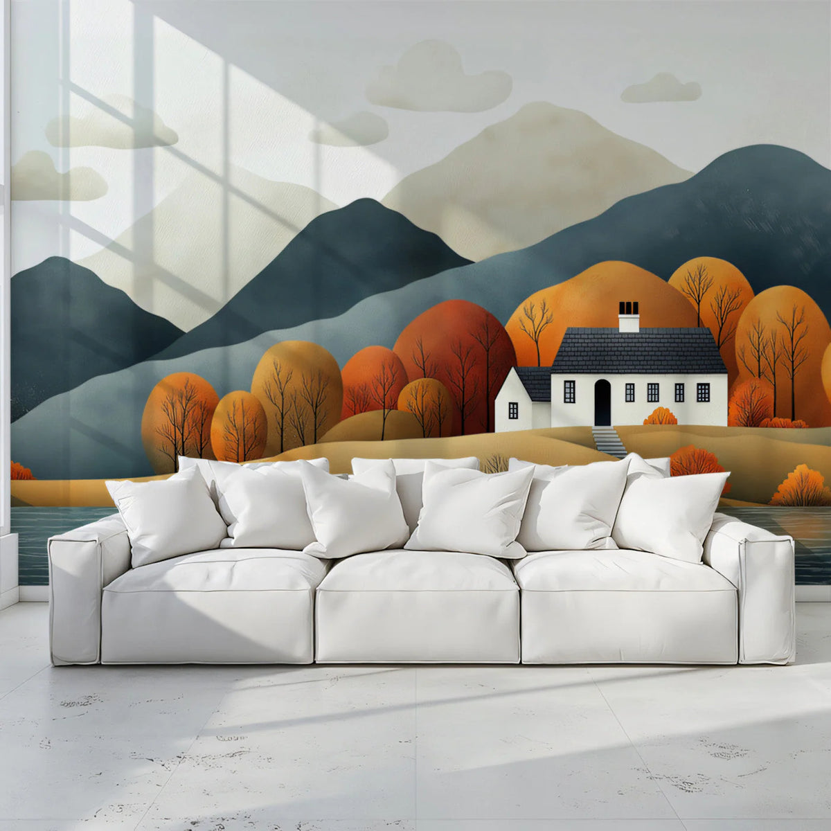Autumn Cottage Landscape Mural Wallpaper — Rustic Pastoral Scene Mural Wallpaper - pure wallpaper artwork