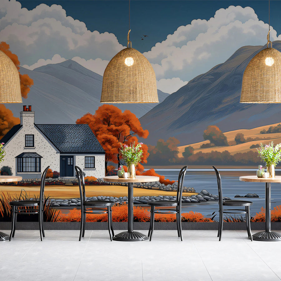 Autumn Cottage Lakeside Landscape Mural Wallpaper — Rustic Pastoral Mural Wallpaper