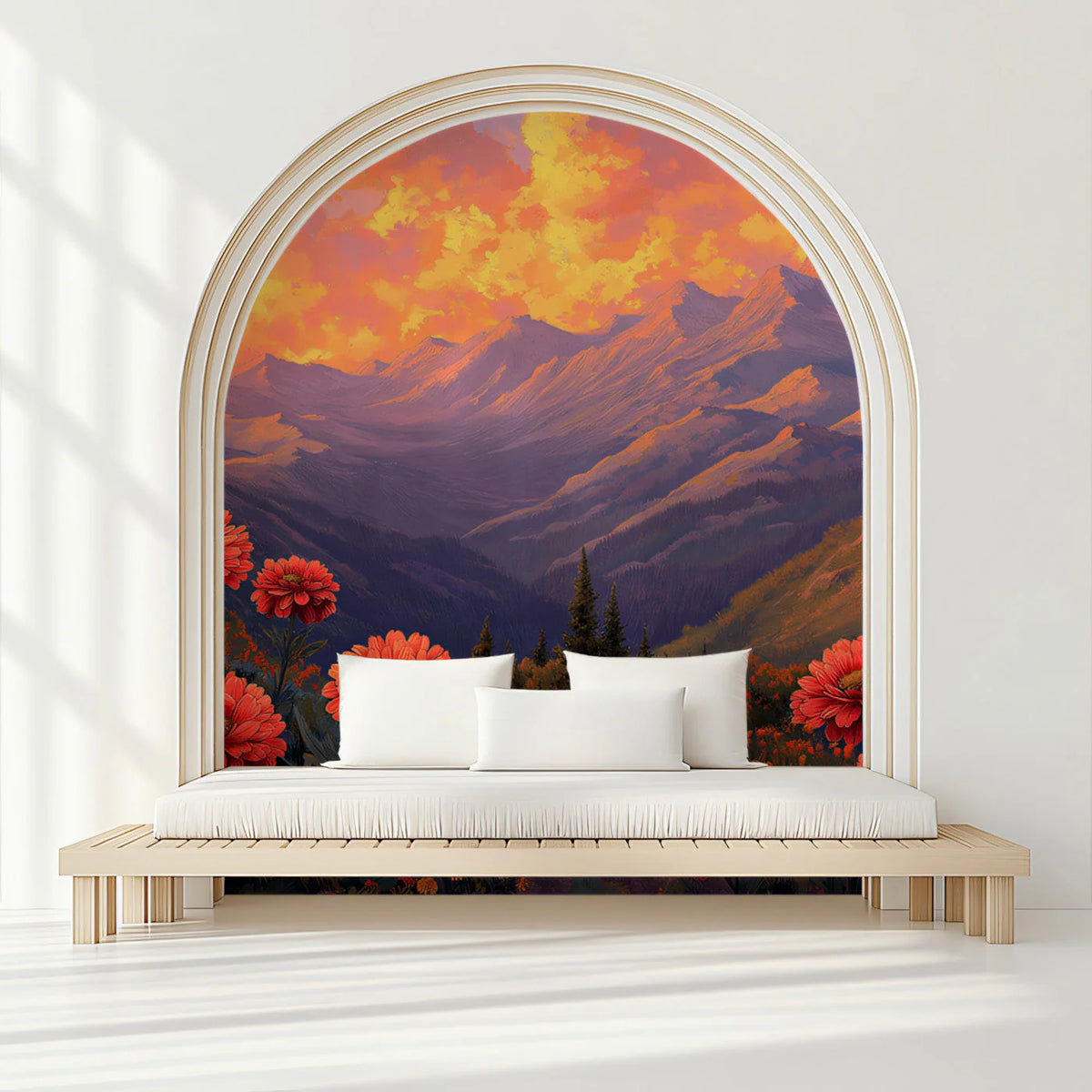 Sunset Mountain Floral Mural Wallpaper — Whimsical Artistic Scene Mural Wallpaper - pure wallpaper artwork