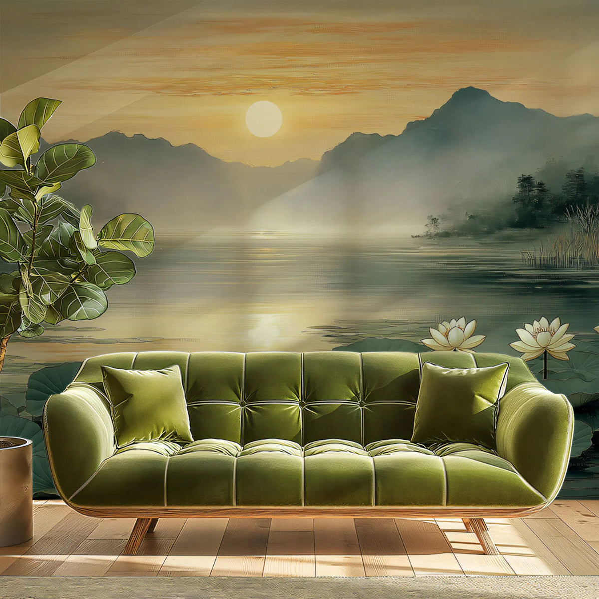 Mist-Covered Lotus Lake Mural Wallpaper — Calm Sunset Landscape Mural Wallpaper - pure wallpaper artwork