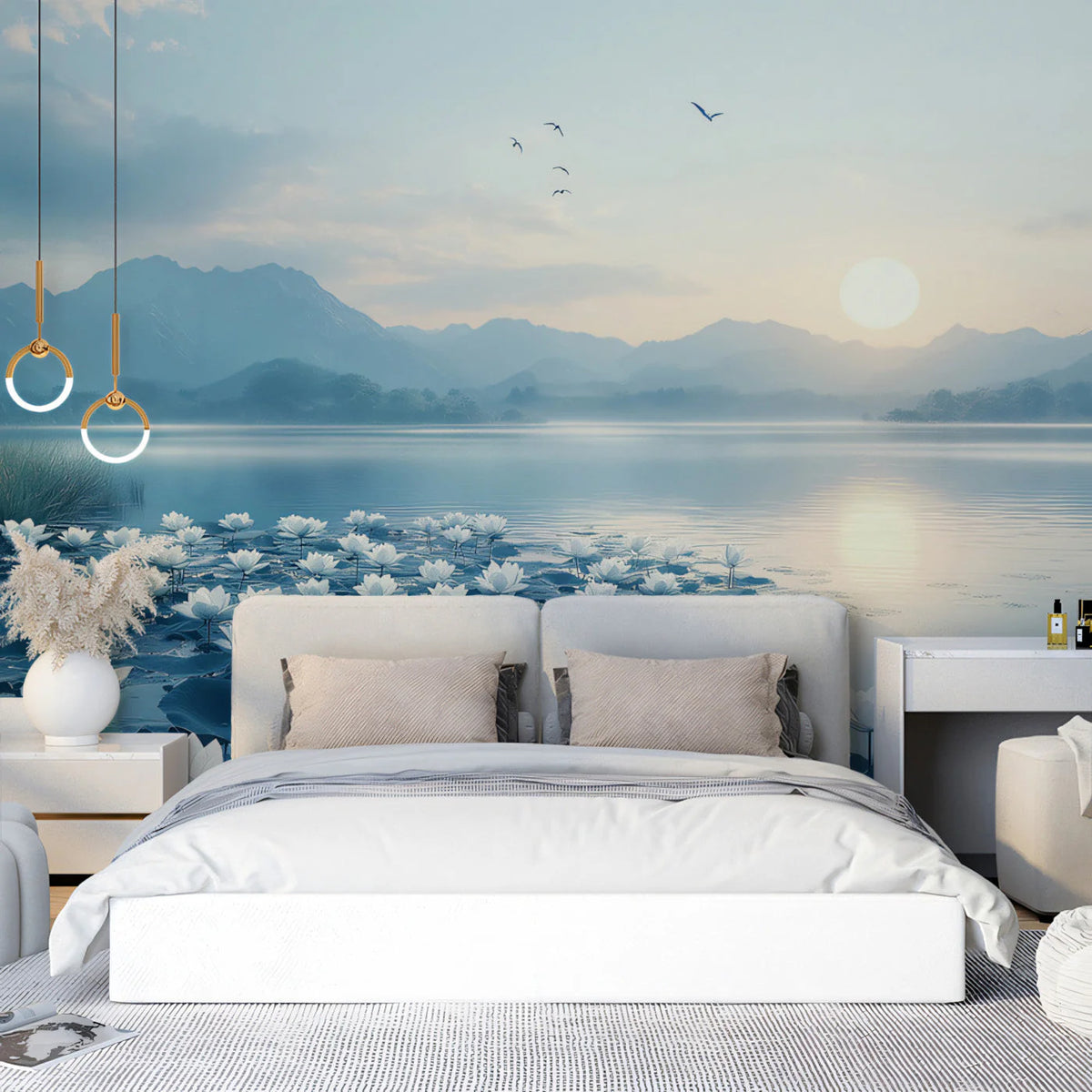 Mist-Covered Lotus Lake Mural Wallpaper — Calm Nature Decor Mural Wallpaper - pure wallpaper artwork