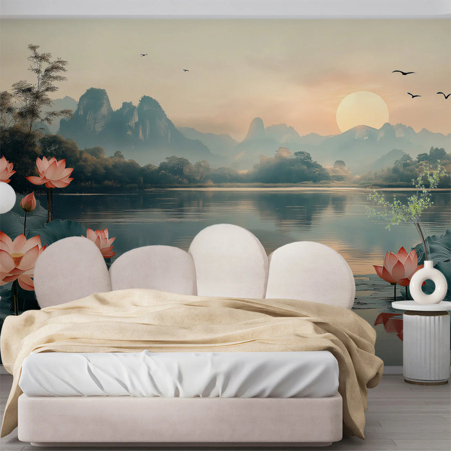 Pink Lotus Lake Mural Wallpaper — Calm Landscape Design Mural Wallpaper