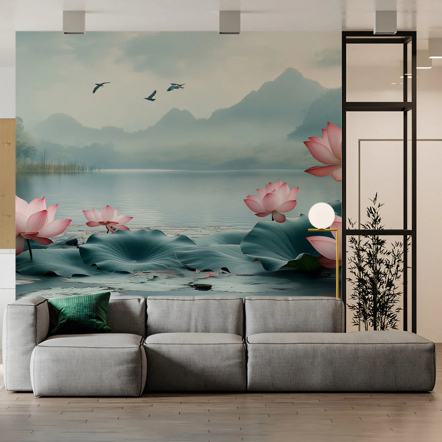 Lotus Lake Scenic Mural Wallpaper — Soft Mist Landscape Mural Wallpaper