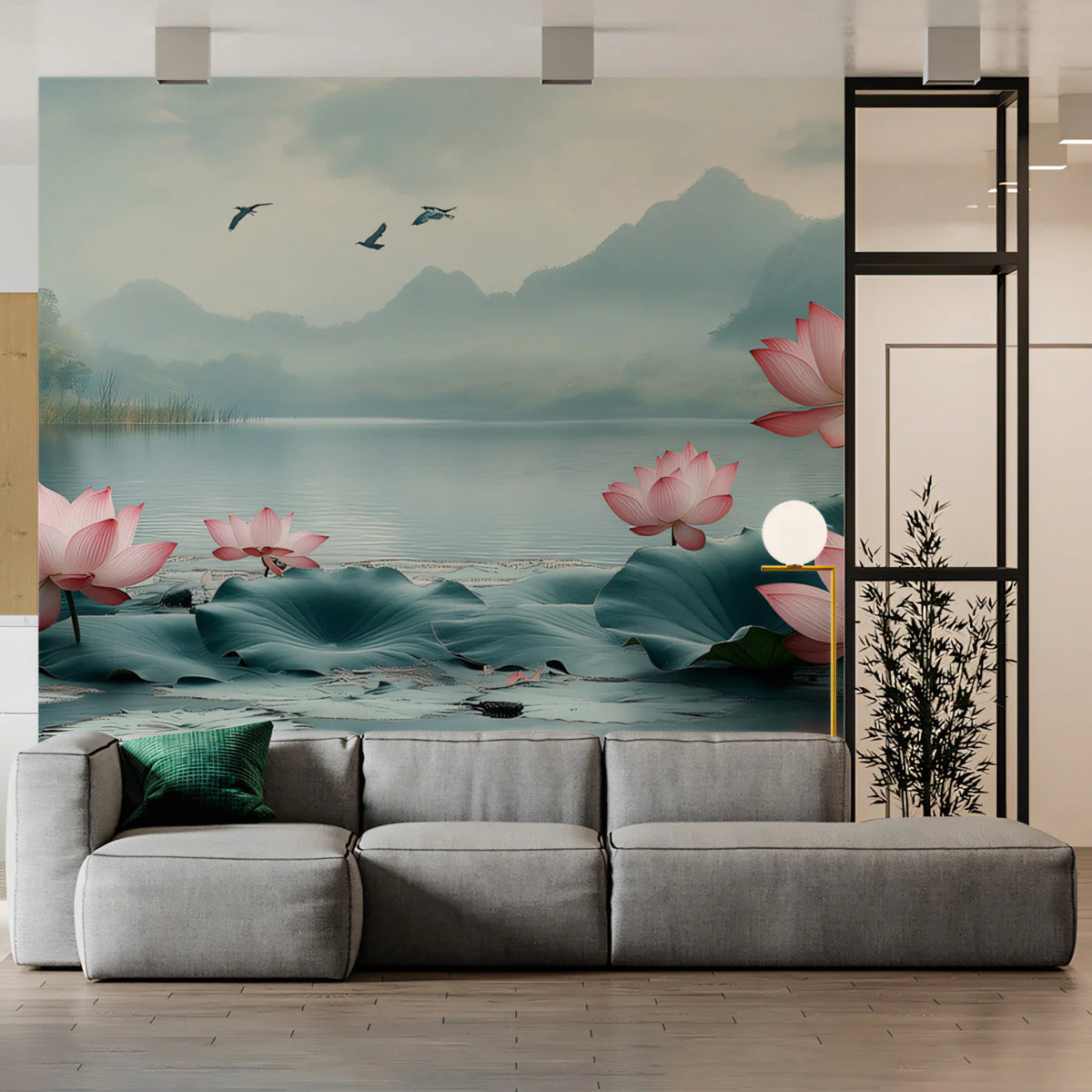 Lotus Lake Scenic Mural Wallpaper — Soft Mist Landscape Mural Wallpaper - pure wallpaper artwork