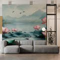 Lotus Lake Scenic Mural Wallpaper — Soft Mist Landscape Mural Wallpaper - pure wallpaper artwork