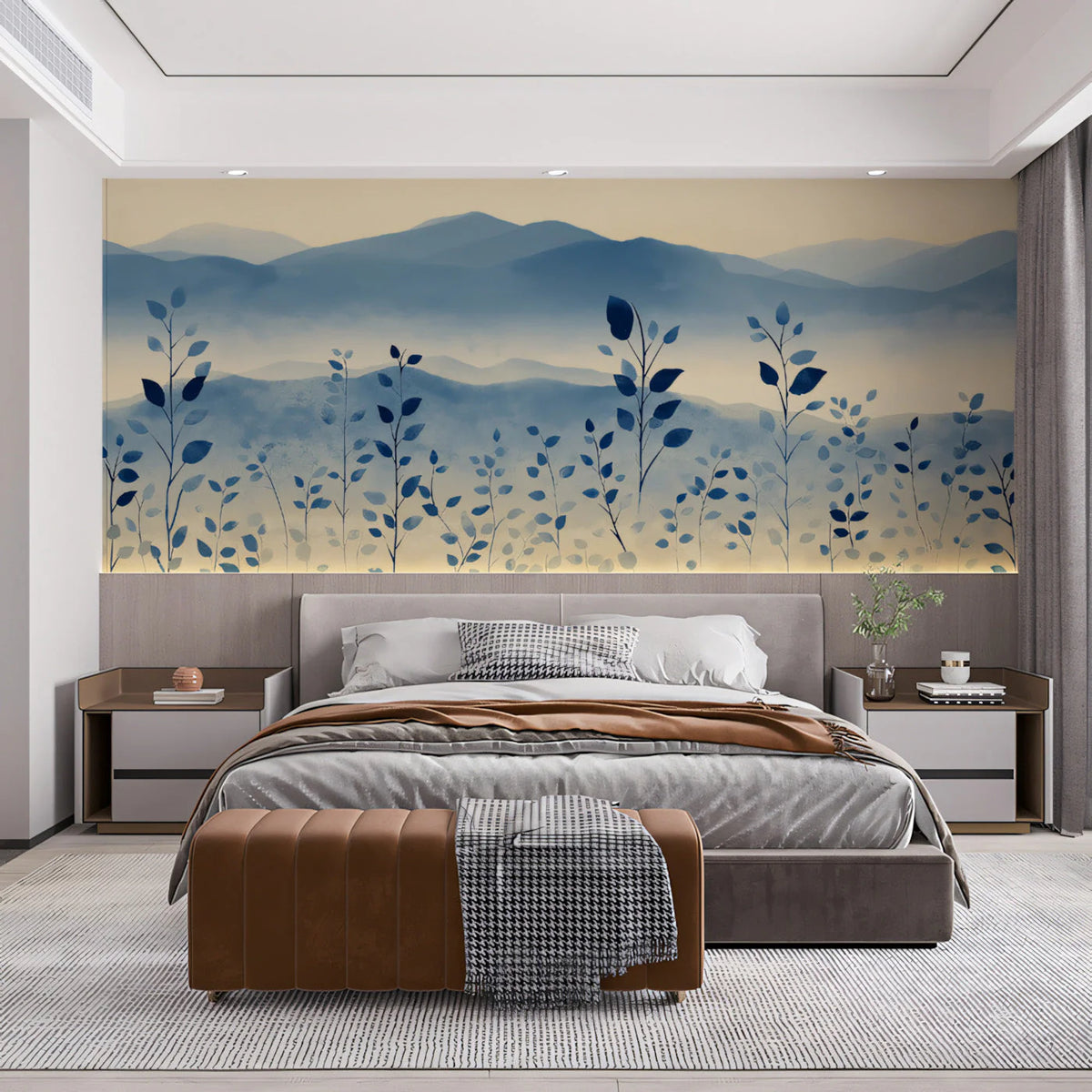 Misty Mountain Valley Mural Wallpaper — Watercolor Blue Landscape Mural Wallpaper - pure wallpaper artwork