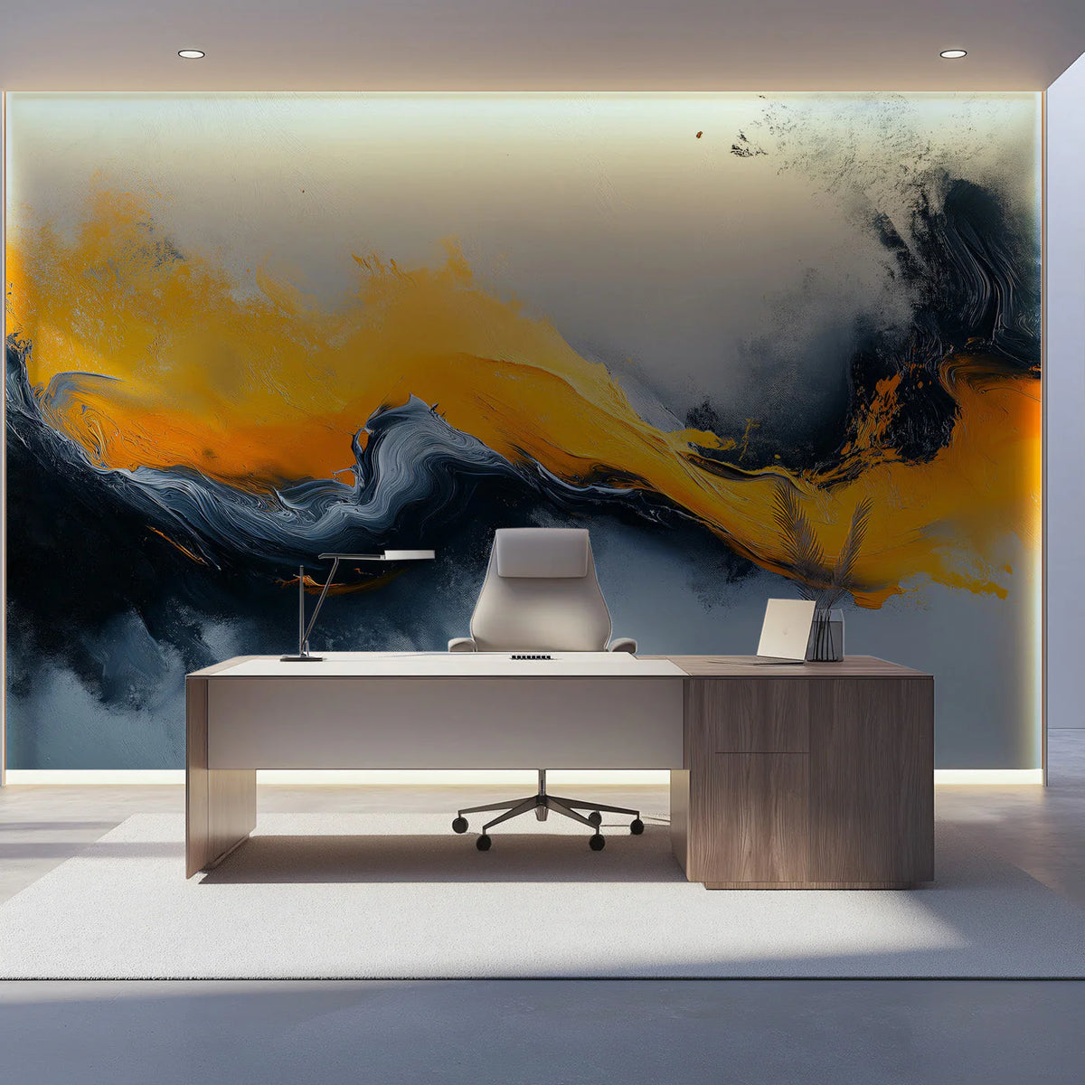 Abstract Swirl Mural Wallpaper in Golden Yellow and Charcoal Gray Mural Wallpaper - pure wallpaper artwork