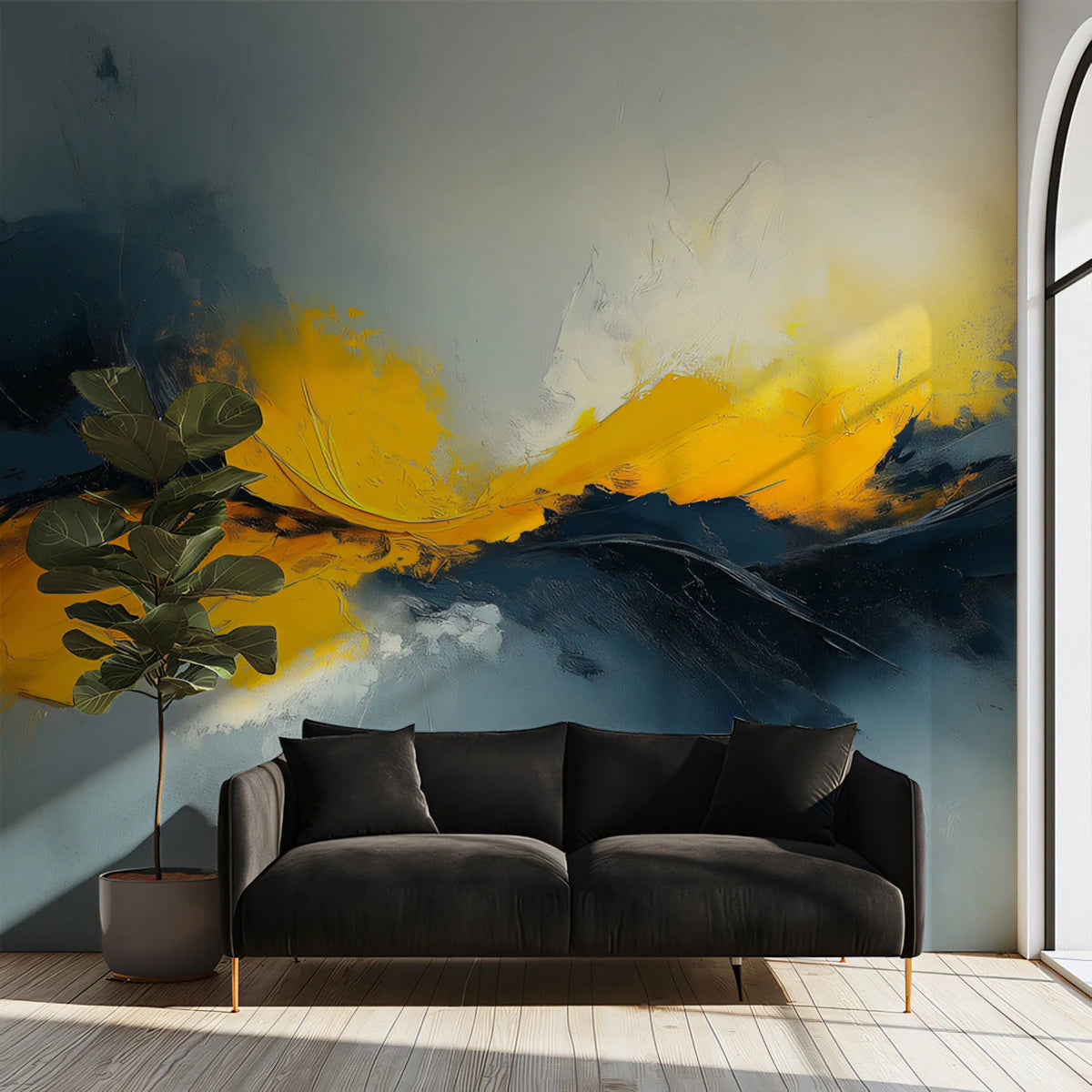 Abstract Yellow and Charcoal Oil Paint Mural Wallpaper - pure wallpaper artwork