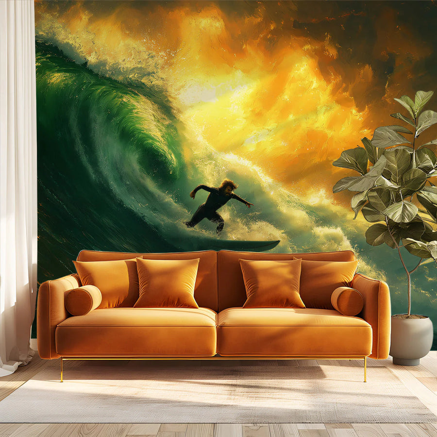 Surfer Riding Golden Ocean Wave Mural Wallpaper — Adventurous Design Mural Wallpaper