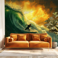 Surfer Riding Golden Ocean Wave Mural Wallpaper — Adventurous Design Mural Wallpaper - pure wallpaper artwork