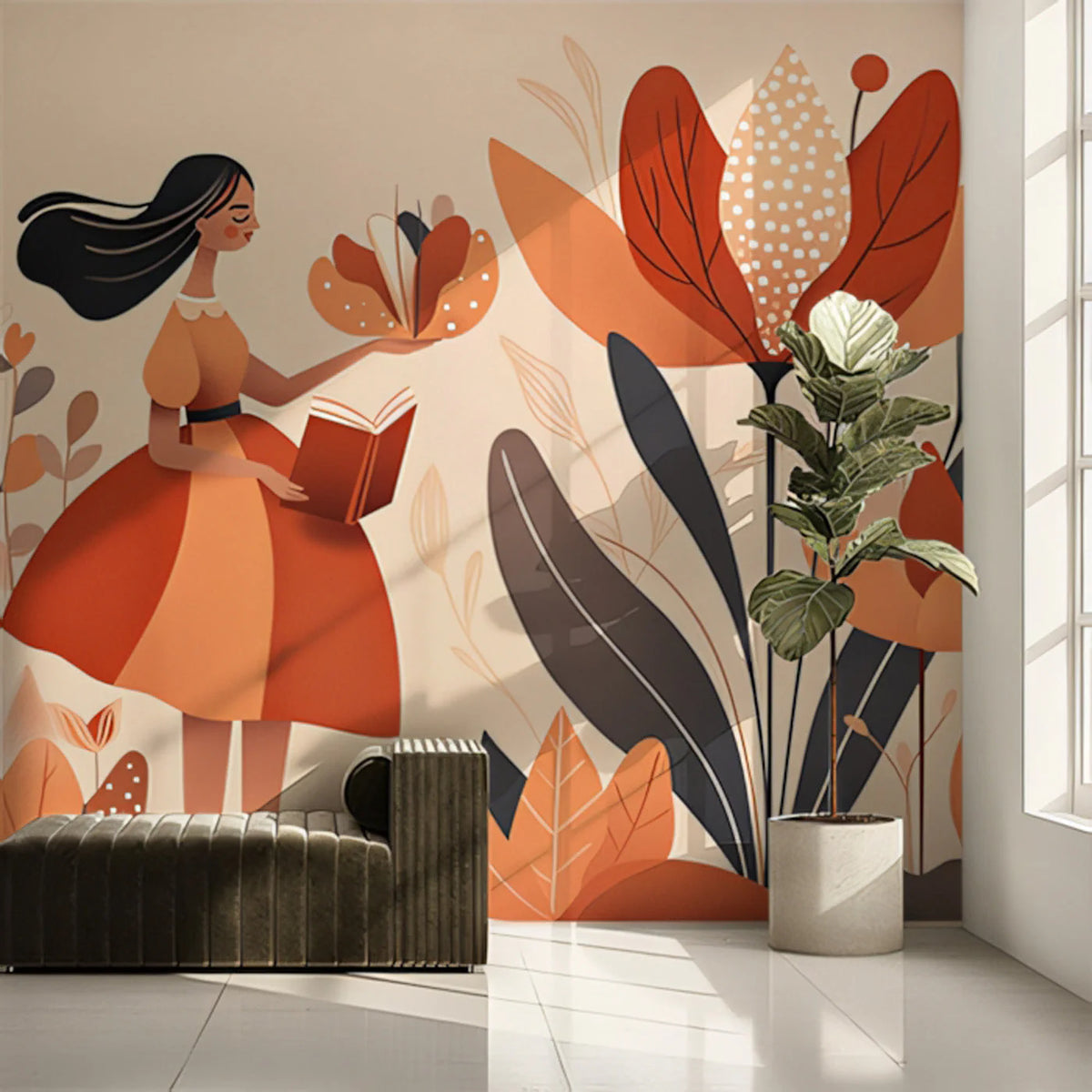Girl with Book Floral Mural Wallpaper — Whimsical Storybook Art Mural Wallpaper - pure wallpaper artwork
