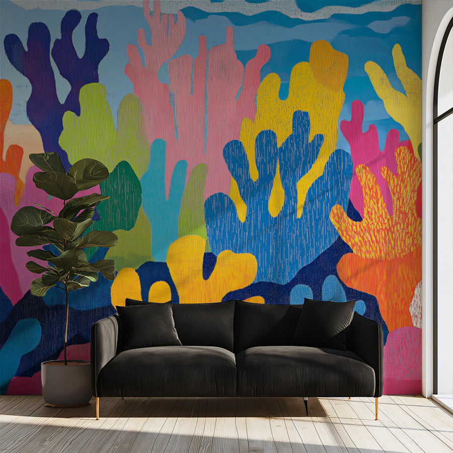 Vibrant Coral Reef Mural Wallpaper — Tropical Artistic Decor Mural Wallpaper