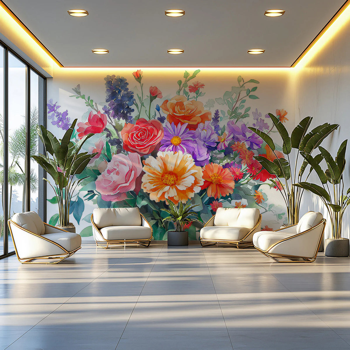 Vibrant Wildflower Bouquet Mural Wallpaper — Painterly Floral Art Mural Wallpaper - pure wallpaper artwork