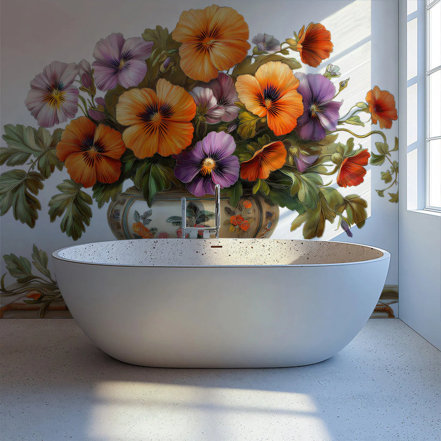 Pansy Floral Vase Mural Wallpaper — Vibrant Classic Art Mural Wallpaper