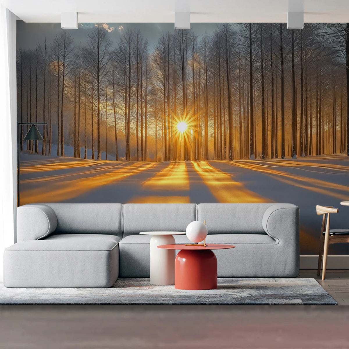 Winter Forest Sunrise Mural Wallpaper — Golden Light Horizon Mural Wallpaper - pure wallpaper artwork