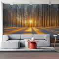 Winter Forest Sunrise Mural Wallpaper — Golden Light Horizon Mural Wallpaper - pure wallpaper artwork