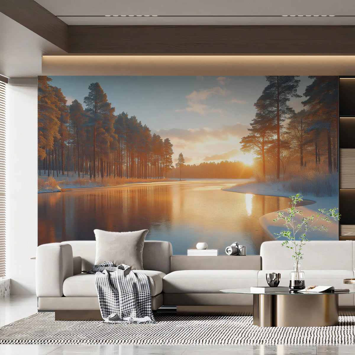 Winter Sunset Lakeside Mural Wallpaper — Scenic Woodland Design Mural Wallpaper - pure wallpaper artwork