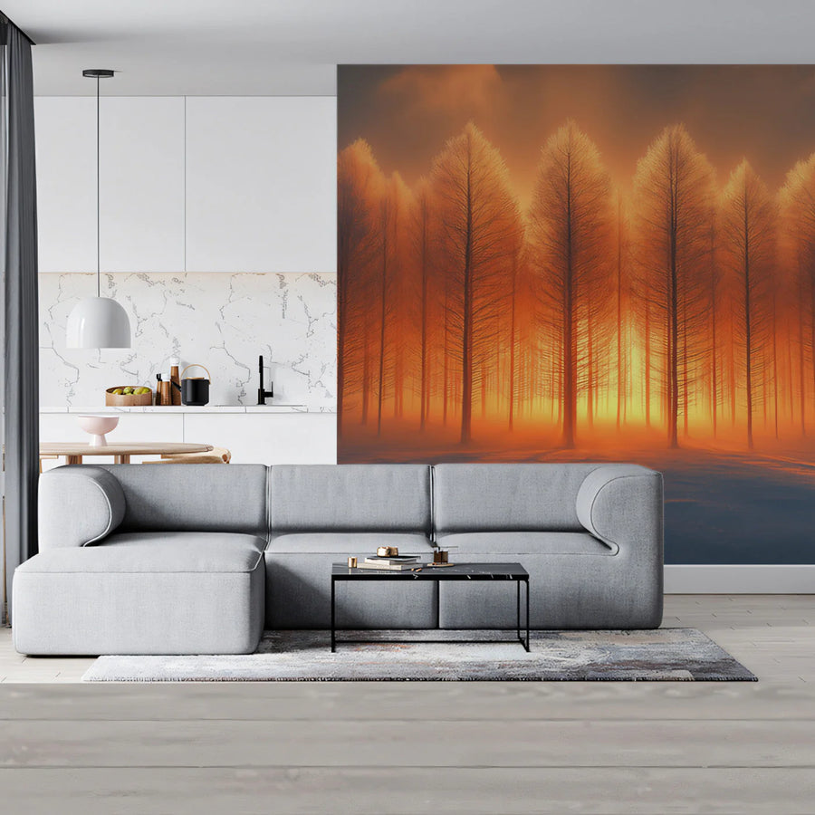 Winter Sunset Forest Mural Wallpaper — Warm Scenic Decoration Mural Wallpaper