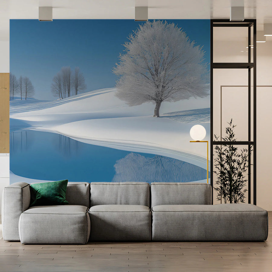 Frozen Winter Landscape Mural Wallpaper — Minimalist Scenic View Mural Wallpaper