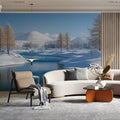 Snowy Mountain River Mural Wallpaper — Winter Landscape Decor Mural Wallpaper - pure wallpaper artwork