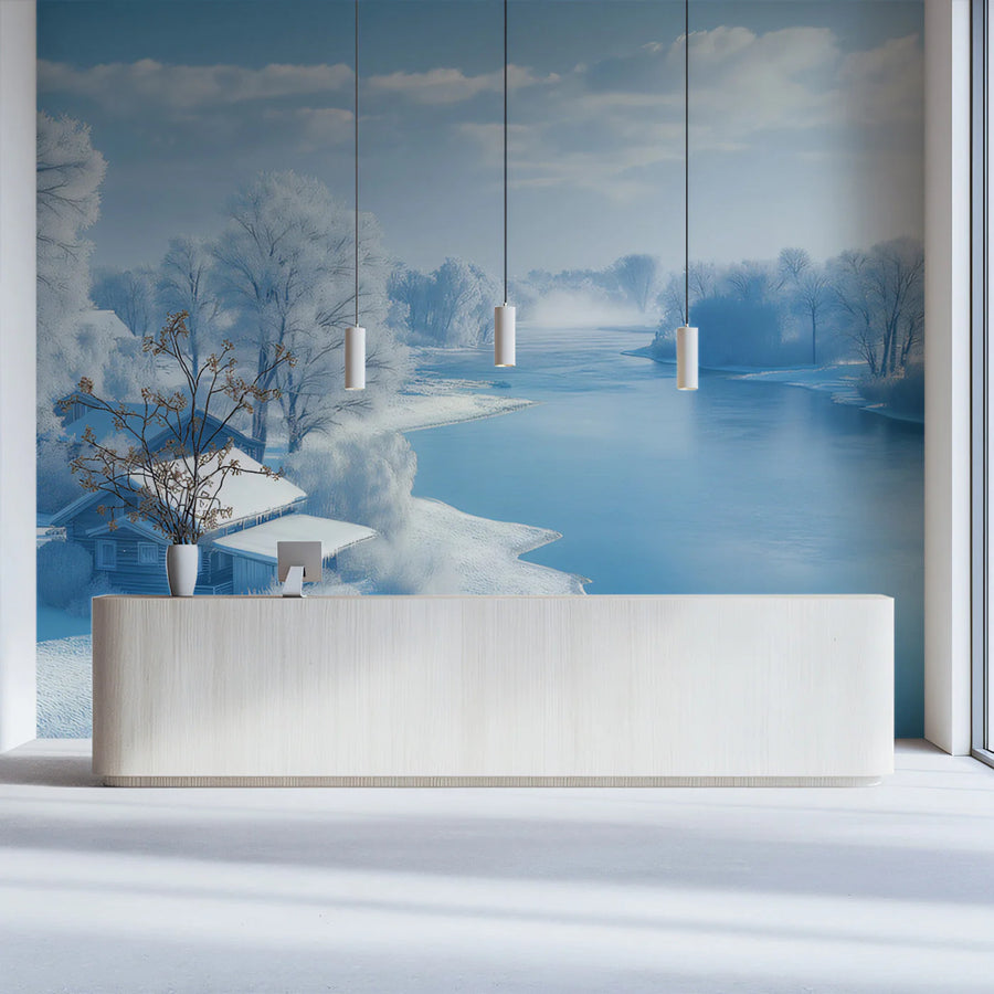 Snowy River Cottage Mural Wallpaper — Scenic Winter Landscape Mural Wallpaper