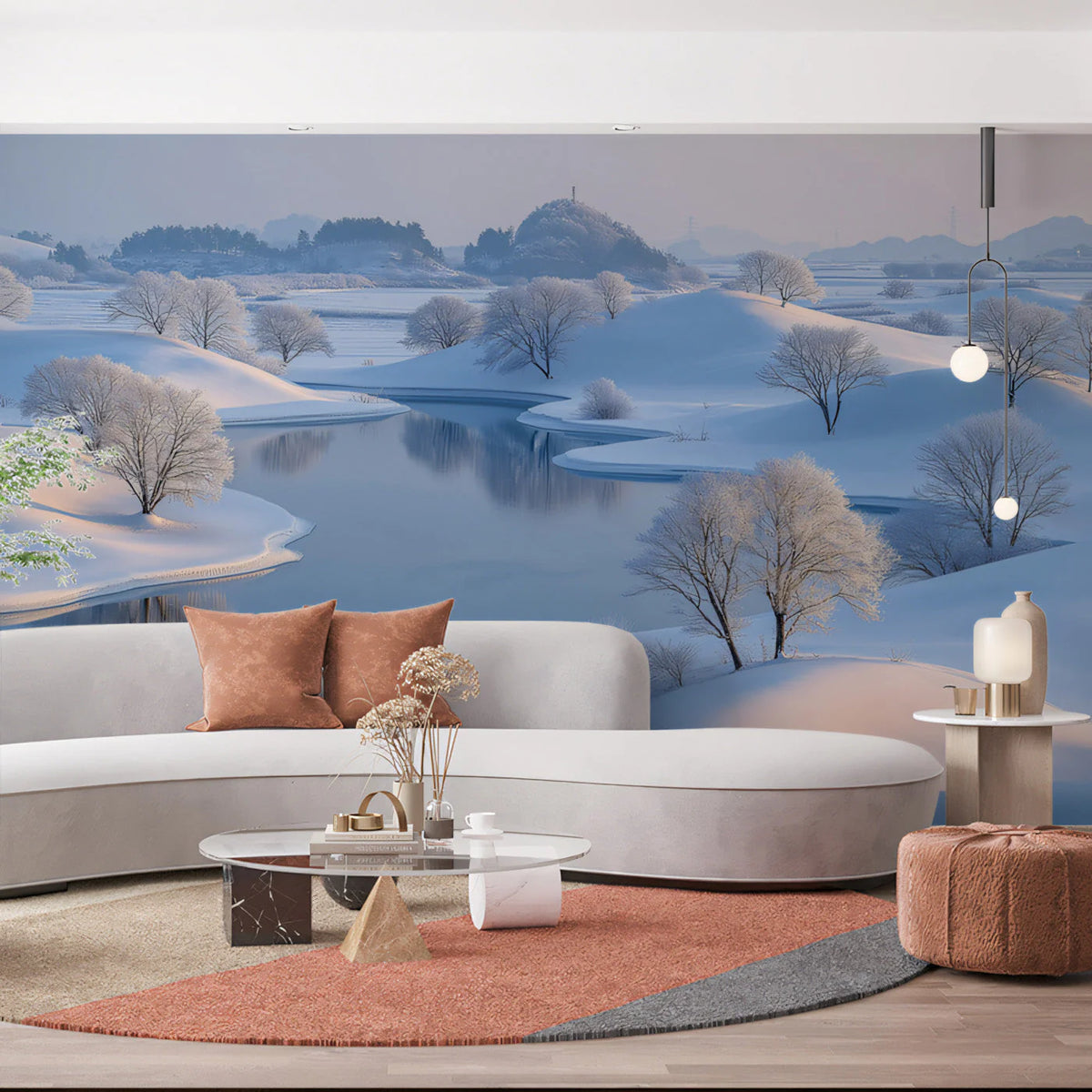 Winter River Valley Mural Wallpaper — Frozen Landscape Decor Mural Wallpaper - pure wallpaper artwork