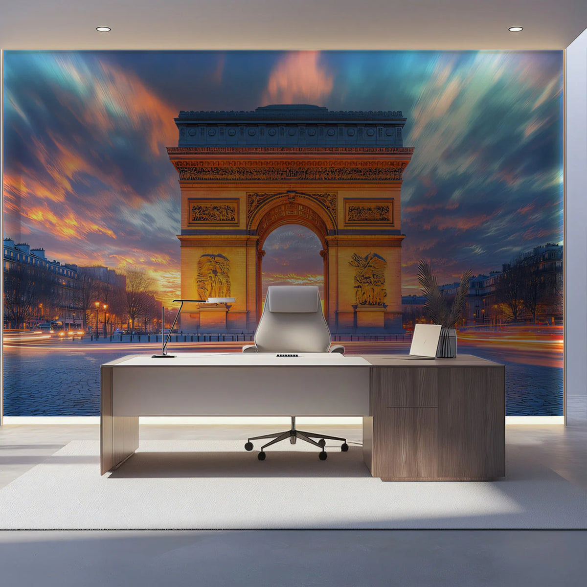 Arc de Triomphe Sunset Mural Wallpaper — Parisian Urban Scene Mural Wallpaper - pure wallpaper artwork