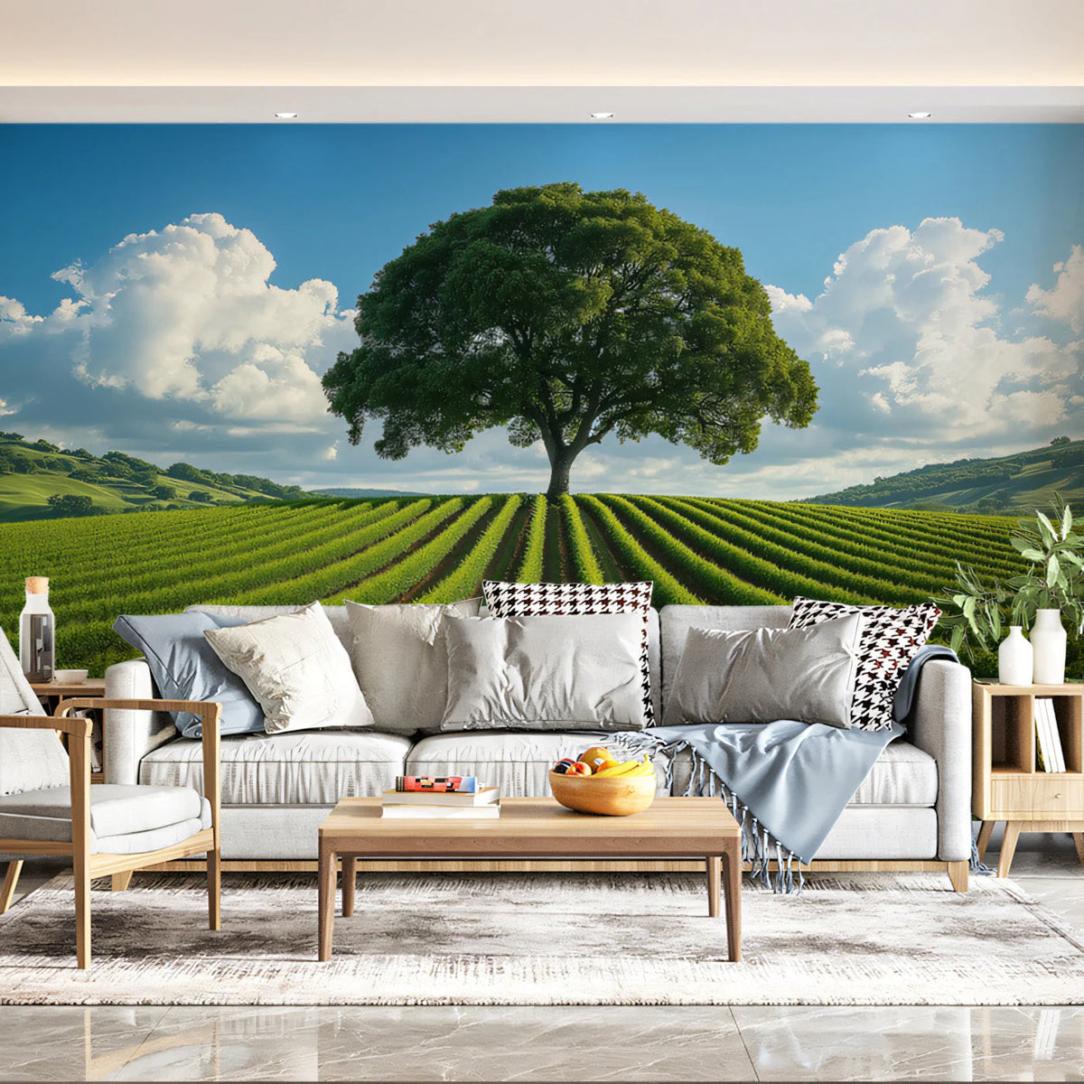 Solitary Vineyard Tree Mural Wallpaper — Natural Horizon View Mural Wallpaper - pure wallpaper artwork