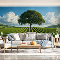 Solitary Vineyard Tree Mural Wallpaper — Natural Horizon View Mural Wallpaper - pure wallpaper artwork