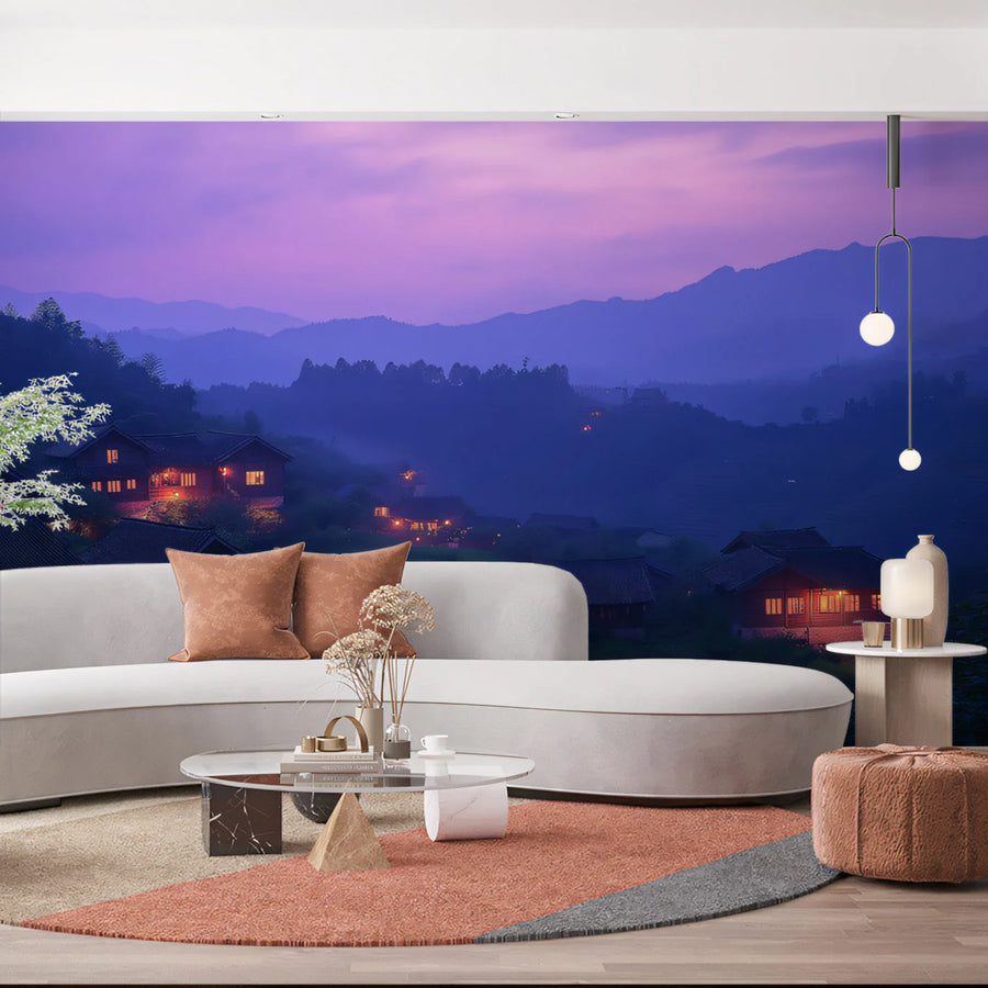 Twilight Village Mountain Mural Wallpaper — Whimsical Evening Scene Mural Wallpaper