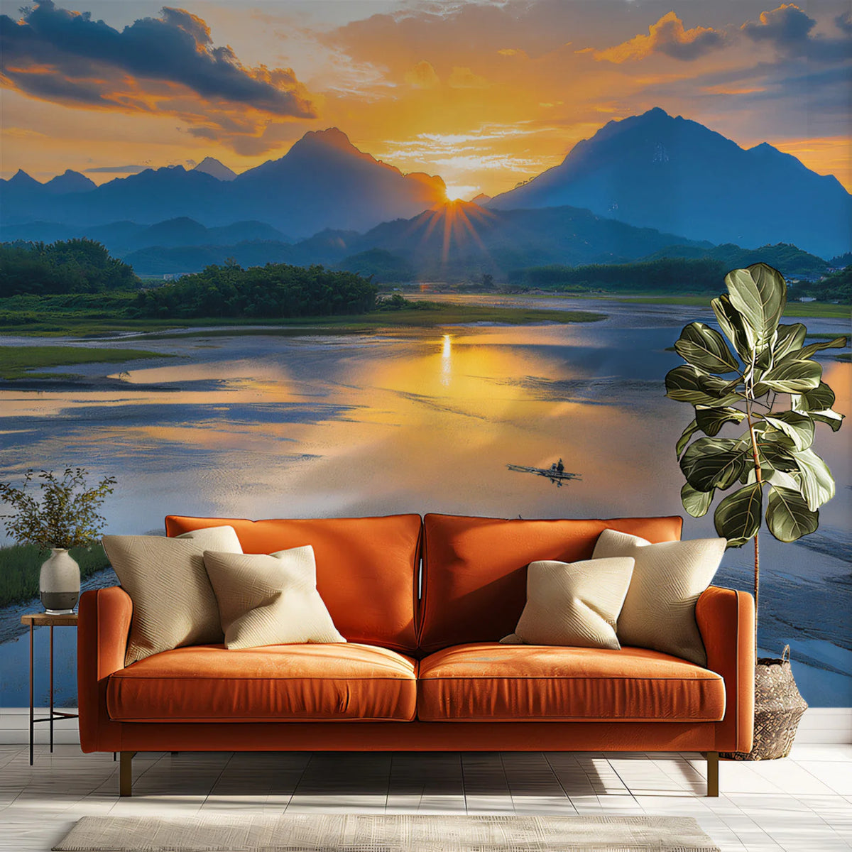 Mountain Sunset River Landscape Mural Wallpaper —Realistic Style Mural Wallpaper - pure wallpaper artwork