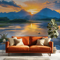 Mountain Sunset River Landscape Mural Wallpaper —Realistic Style Mural Wallpaper - pure wallpaper artwork