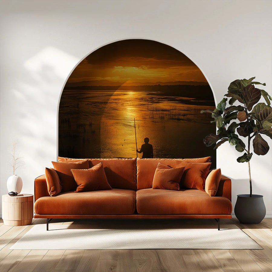 Golden Sunset River Mural Wallpaper — Artistic Horizon Scene Mural Wallpaper