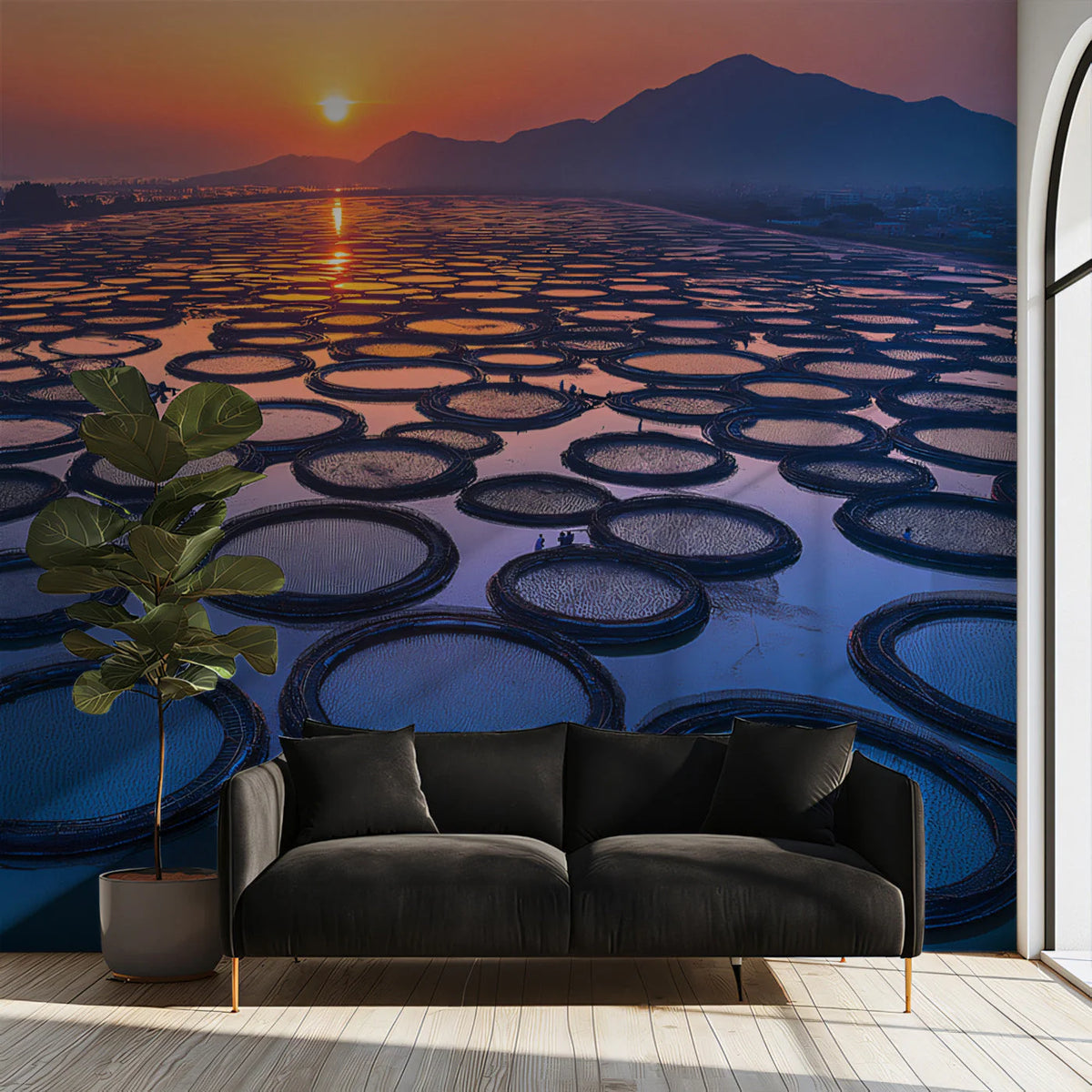 Circular Sea Farm Horizon Mural Wallpaper — Modern Scenic Design Mural Wallpaper - pure wallpaper artwork