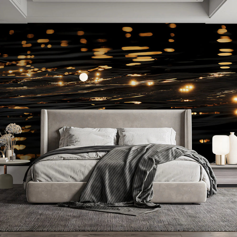 Golden Ripple Water Mural Wallpaper — Moody Dark Abstract Design Mural Wallpaper