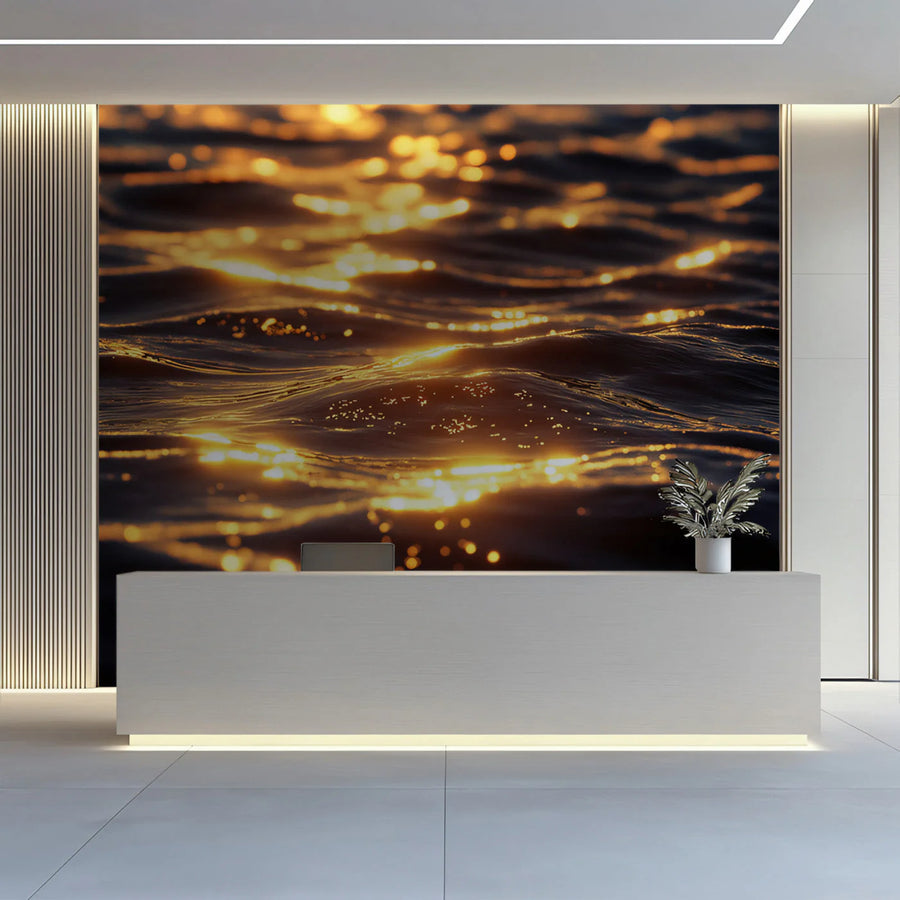 Golden Water Ripples Mural Wallpaper — Moody Abstract Design Mural Wallpaper