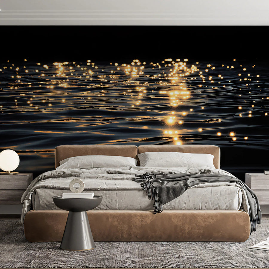 Golden Water Ripples Mural Wallpaper — Moody Abstract Design Mural Wallpaper