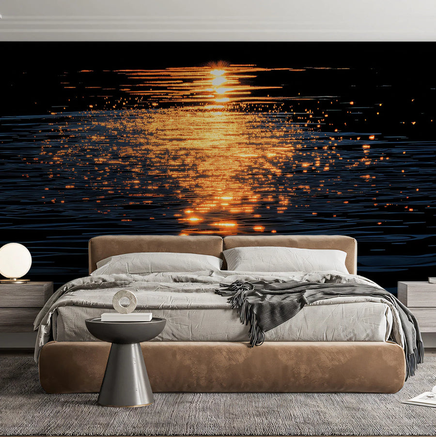 Golden Water Reflections Mural Wallpaper — Dark Abstract Decor Mural Wallpaper