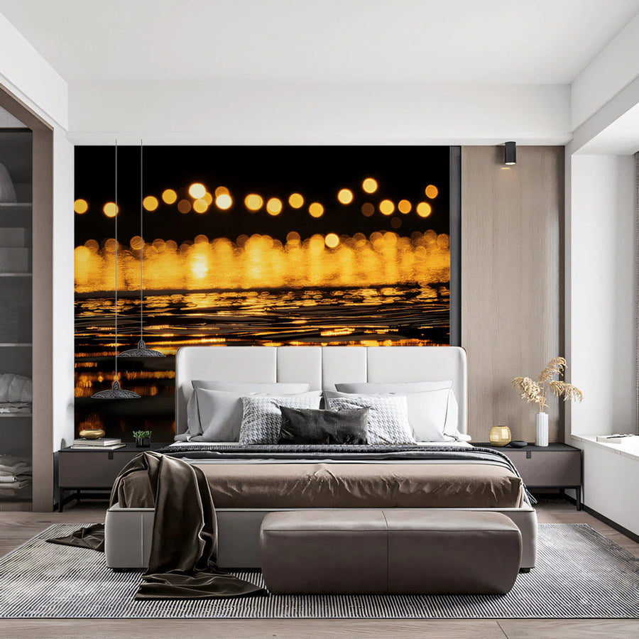 Golden Bokeh Reflection Mural Wallpaper — Cinematic Night Design Mural Wallpaper