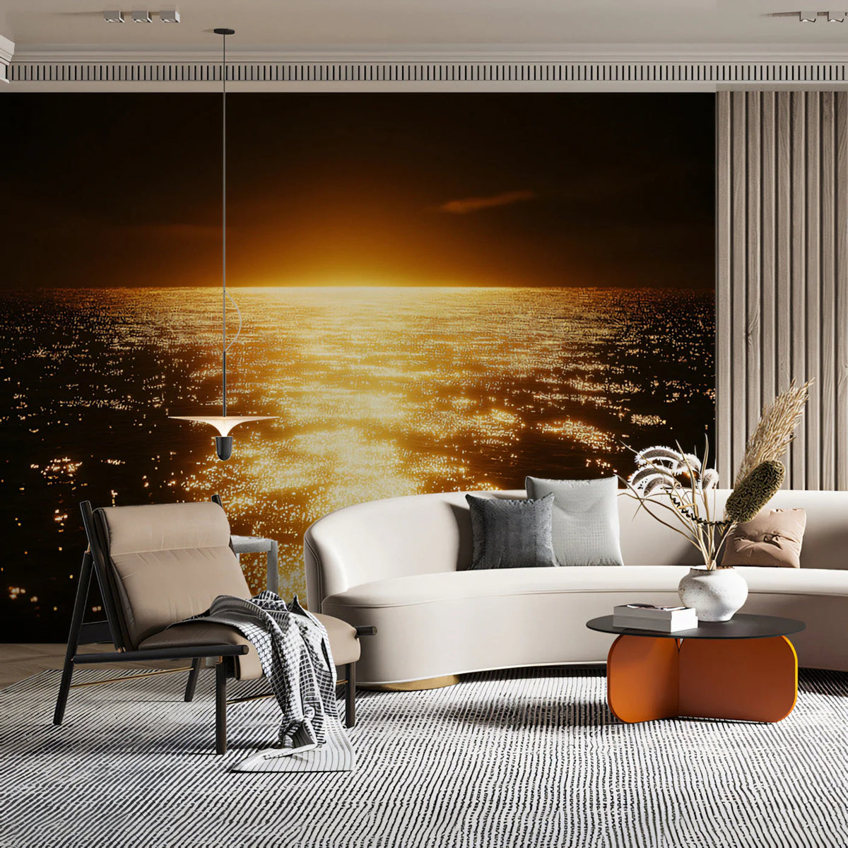 Golden Horizon Sunset Mural Wallpaper — Opulent Coastal Design Mural Wallpaper - pure wallpaper artwork
