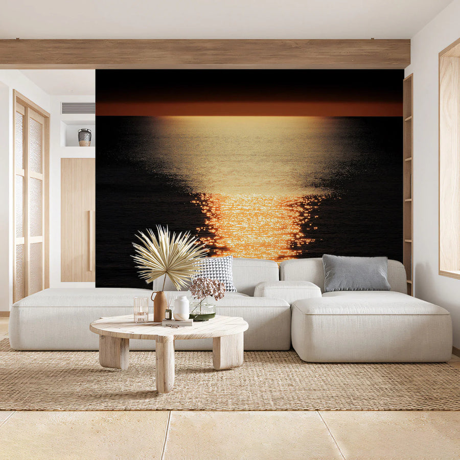 Golden Sea Sunset Mural Wallpaper — Atmospheric Coastal Decor Mural Wallpaper