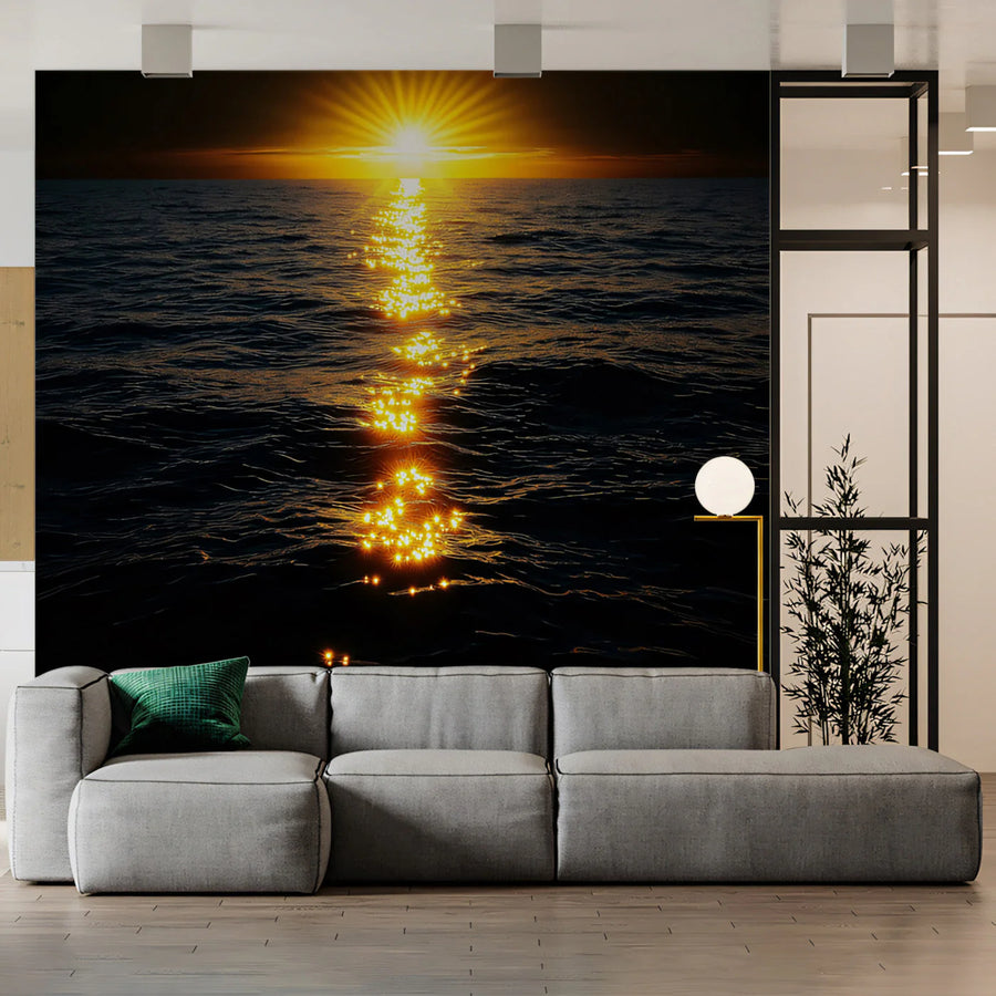 Golden Horizon Sea Mural Wallpaper — Moody Coastal Decor Mural Wallpaper