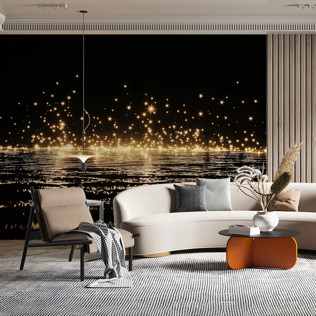 Golden Star Reflections Mural Wallpaper — Night Sky Design Mural Wallpaper - pure wallpaper artwork