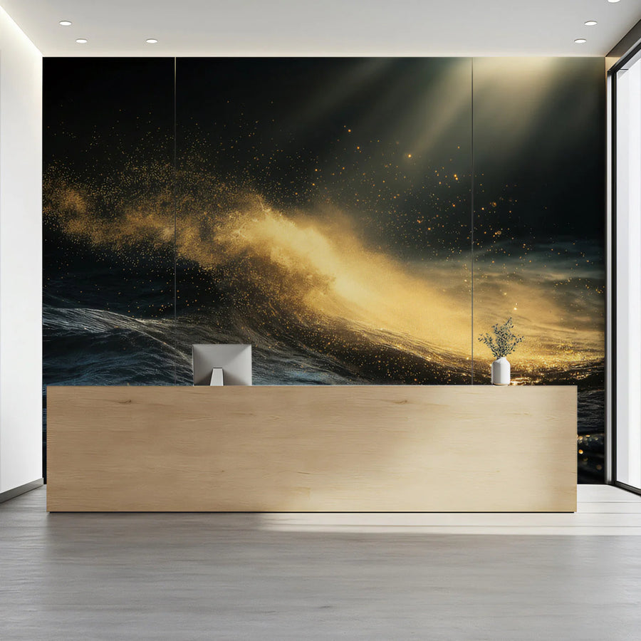 Golden Wave Abstract Mural Wallpaper — Moody Dark Ocean Design Mural Wallpaper